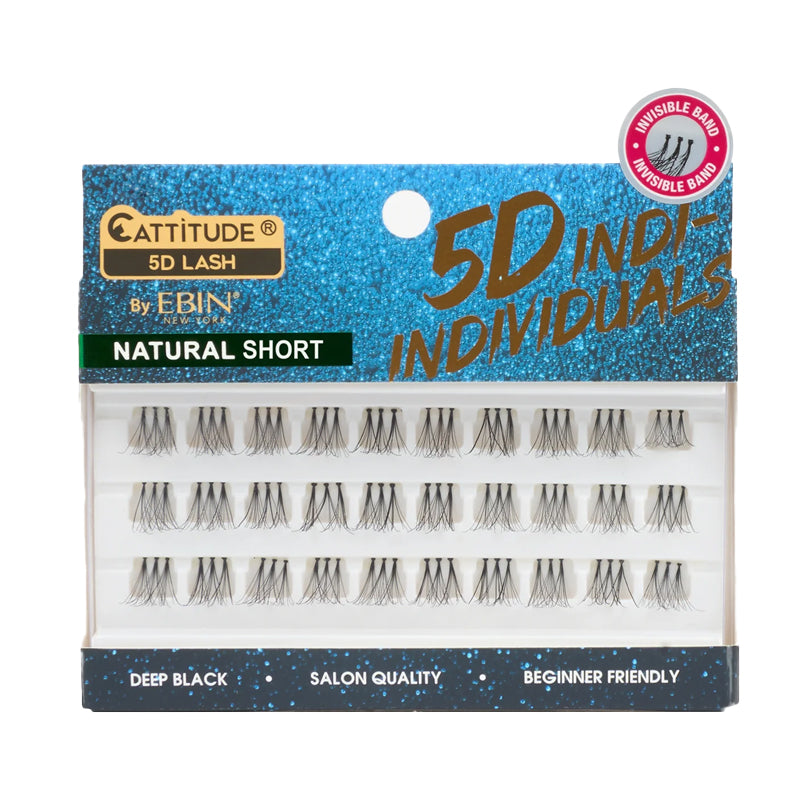 EBIN Cattitude 5D tray of natural short individual lashes in deep black with invisible band for beginners