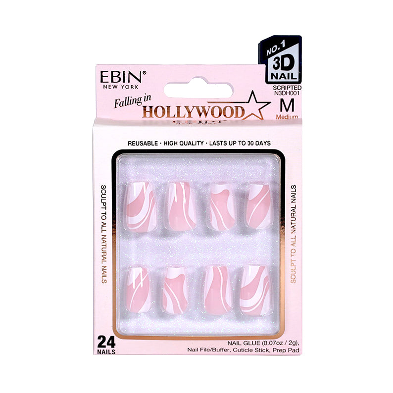 EBIN Falling in Hollywood medium pink white swirl 3D Hollywood press on nails pack of 24 reusable