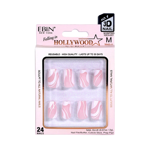 EBIN Falling in Hollywood medium pink white swirl 3D Hollywood press on nails pack of 24 reusable