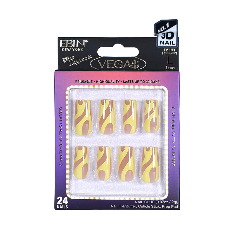 EBIN packaged set of 24 yellow swirl 3D Vegas press on nails in purple display box with glue included