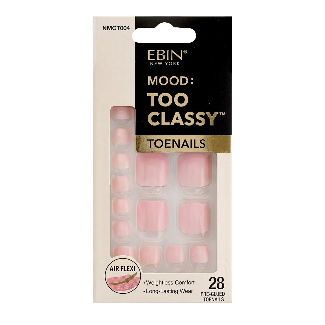 EBIN Mood Too Classy pre glued 28 piece baby pink 3D press on toenails square toe set packaging