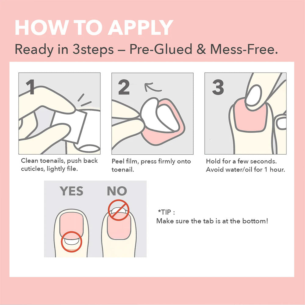 EBIN instructional diagram for black 3D press on toenails showing three pre glued application steps and tips