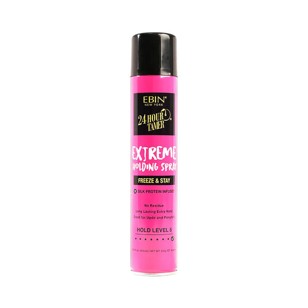 EBIN 24 Hour Tamer pink can of extreme hold hair spray freeze and stay formula for long lasting hold