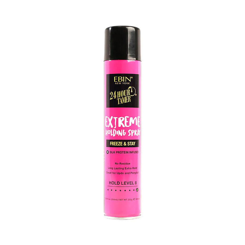 EBIN 24 Hour Tamer pink can of extreme hold hair spray freeze and stay formula for long lasting hold