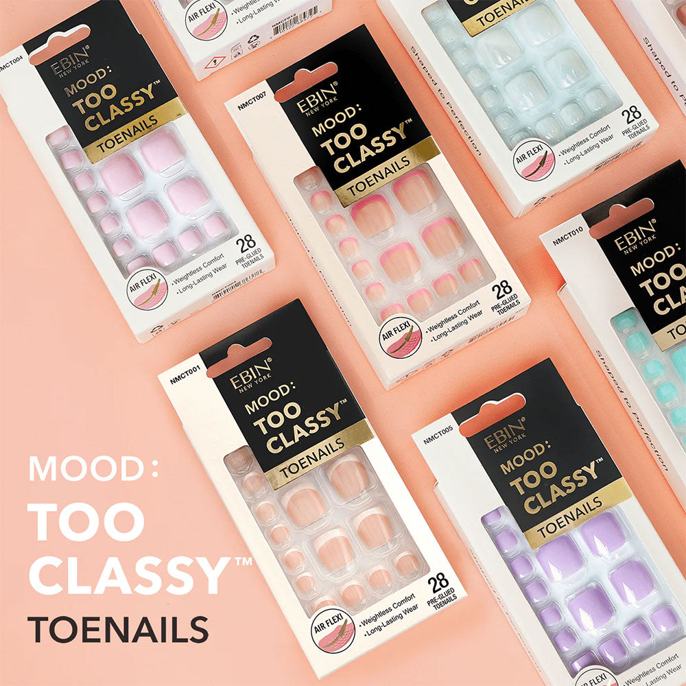 EBIN Mood Too Classy packaged toenails on peach background showing white chrome press on toenails