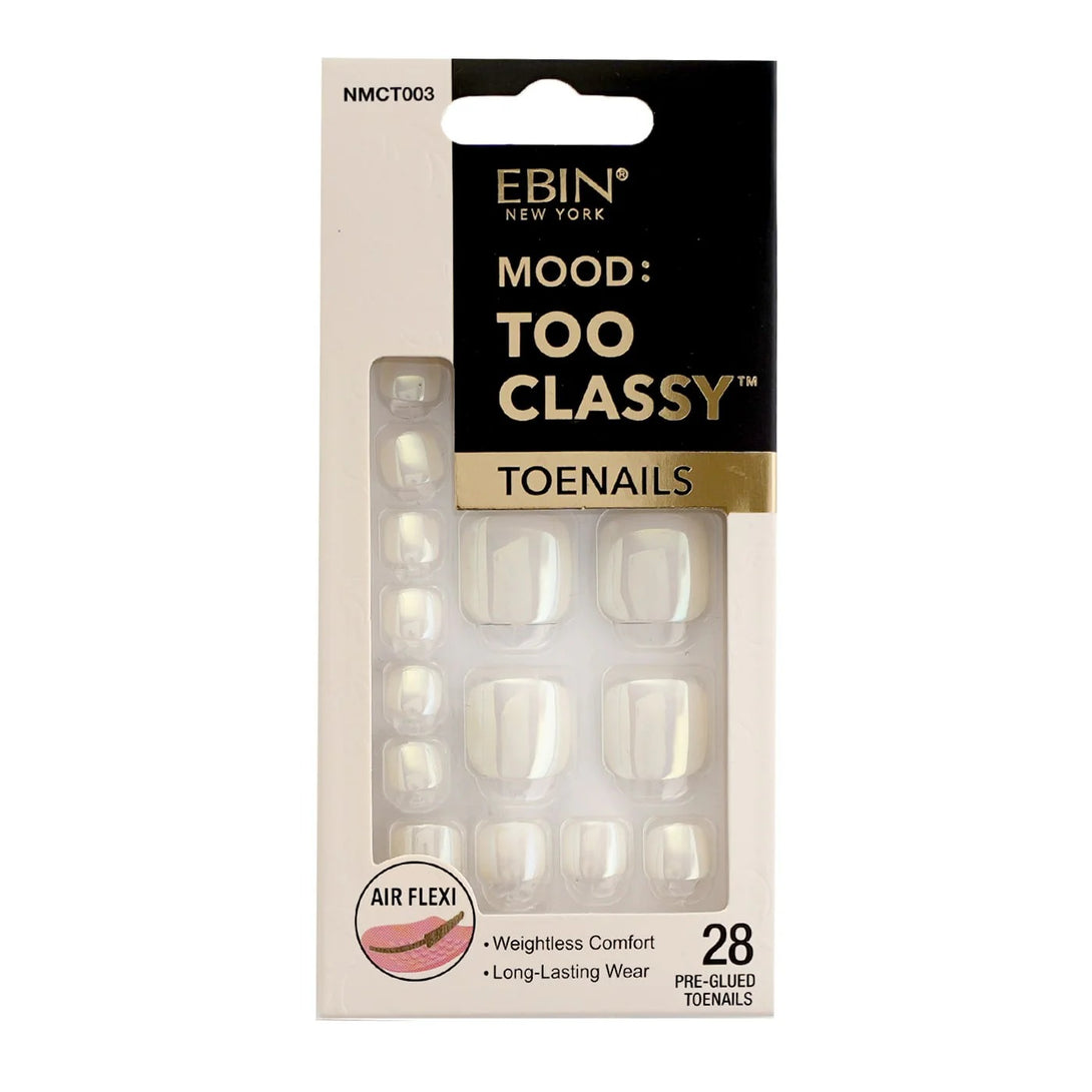 EBIN Too Classy pre glued toenails pack with 28 white chrome press on toenails for salon finish