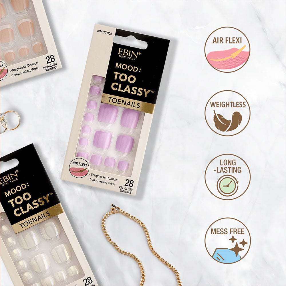 EBIN Mood Too Classy press on toenails display featuring white French press on toenails and lavender set long lasting weightless