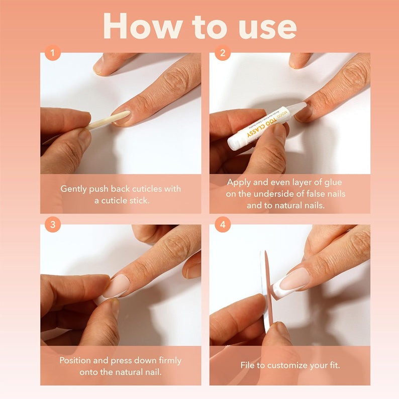 EBIN white tux 3D press on nails application steps showing cuticle push glue press and file