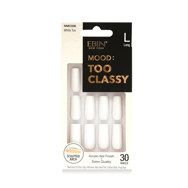 EBIN white tux 3D press on nails long sculpted arch acrylic like finish salon quality pack of 30