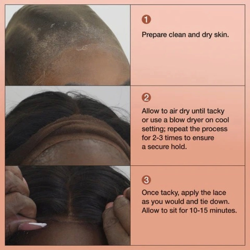 EBIN instructional image showing lace wig application steps with wonder lace bond adhesive spray for secure hold