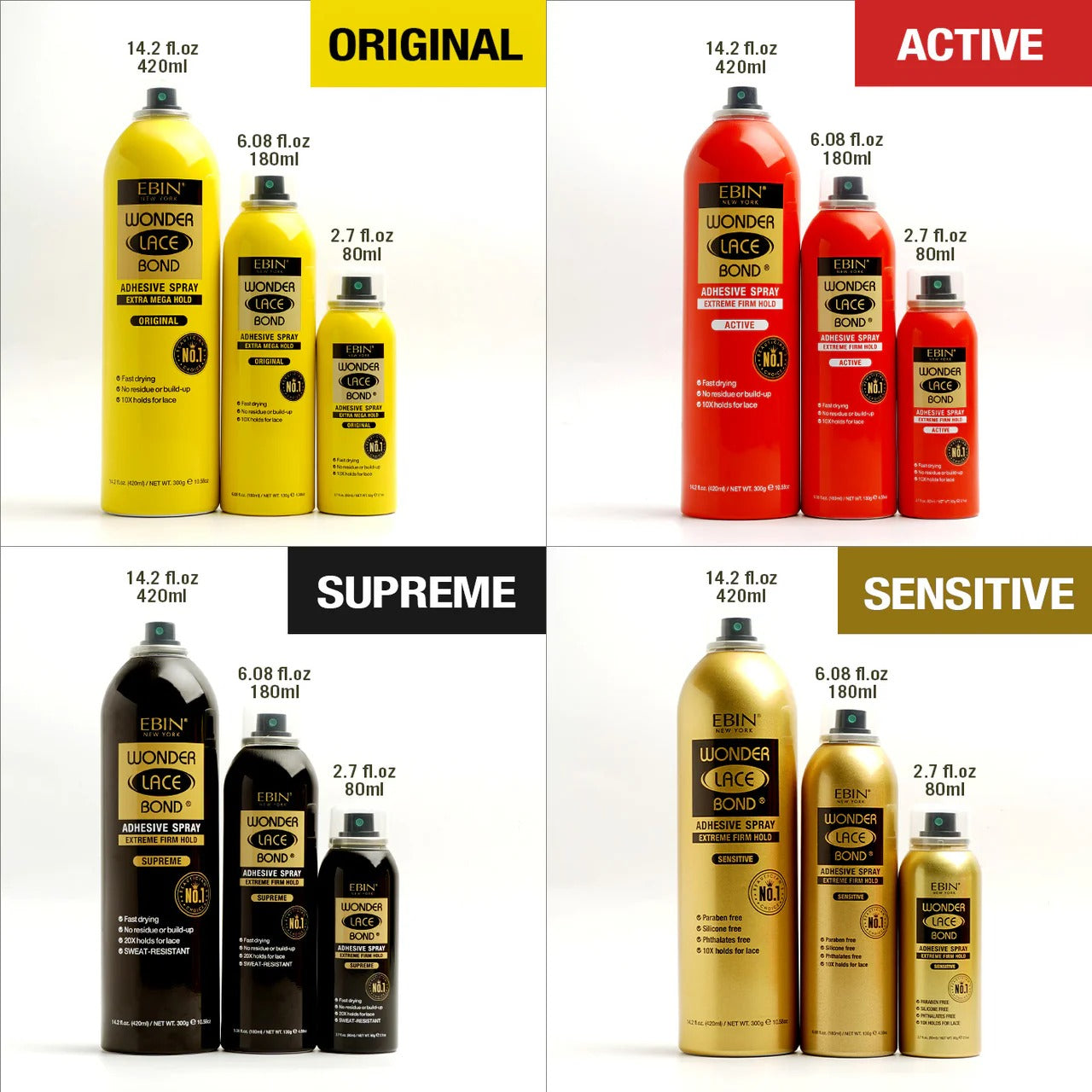 EBIN lace wig adhesive spray products in yellow original, red active, black supreme, and gold sensitive bottles
