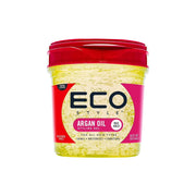 ECO STYLE argan oil hair gel in clear yellow jar with red lid for styling and moisturizing hair