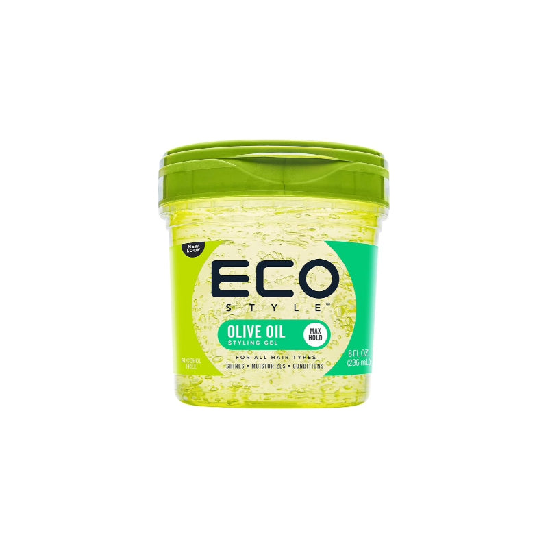 ECO STYLE olive oil styling gel in green jar for shine moisture and max hold hair care
