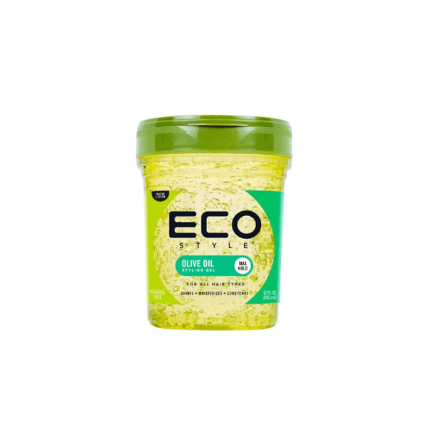 ECO STYLE Olive Oil Styling Gel in green tub for strong hold and glossy finish olive oil styling gel max hold