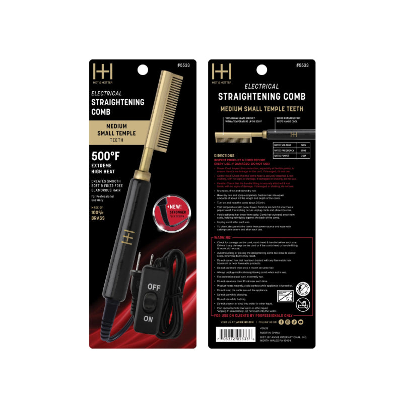 ANNIE electric hot comb for natural hair with medium small temple teeth and 500 degree high heat