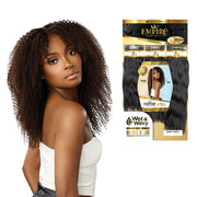 Model wearing Empire Wet & Wavy Kinky Curly weave by SENSATIONNEL showing curly texture and product pack