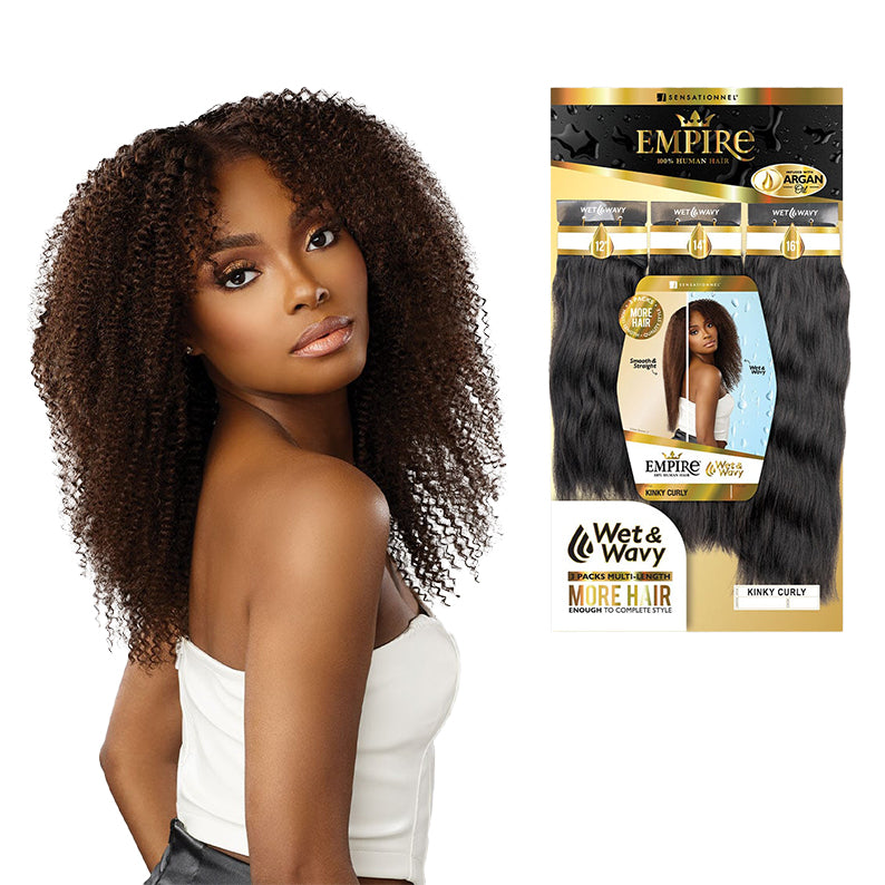 Model wearing Empire Wet & Wavy Kinky Curly weave by SENSATIONNEL showing curly texture and product pack