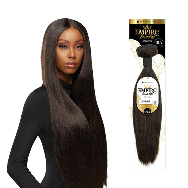 Sensationnel virgin human hair bundles straight in natural black shown on model and packaging