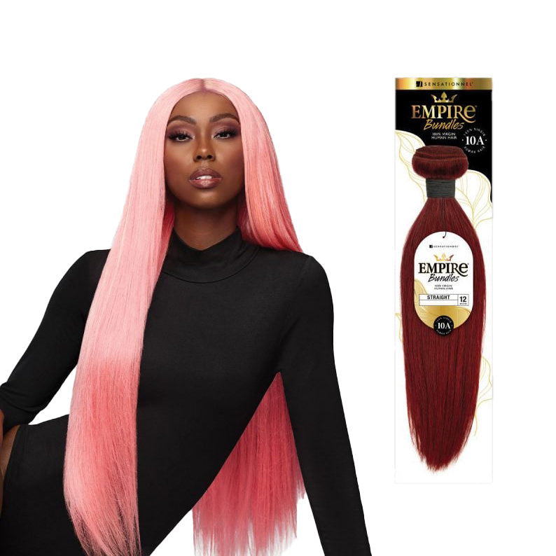 Sensationnel Empire Bundles virgin human hair bundles straight in deep burgundy with model wearing long straight pink hair