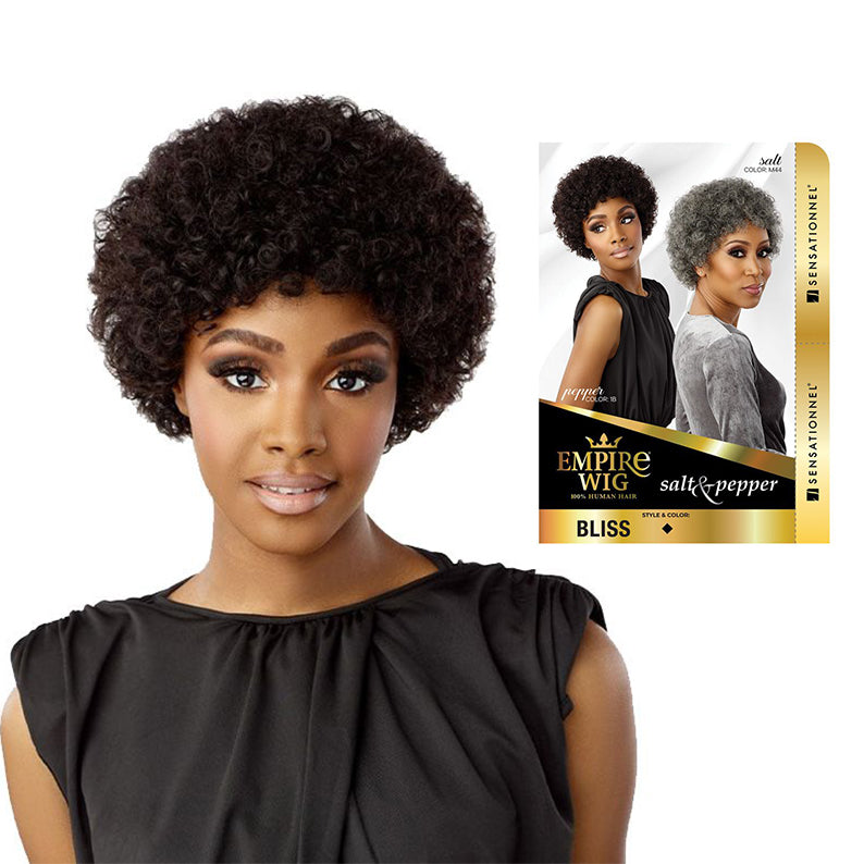 SENSATIONNEL short curly afro wig model and packaging showing salt and pepper human hair wig in short textured style