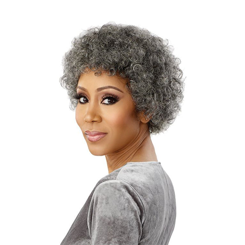SENSATIONNEL salt and pepper human hair wig short curly textured afro style on model
