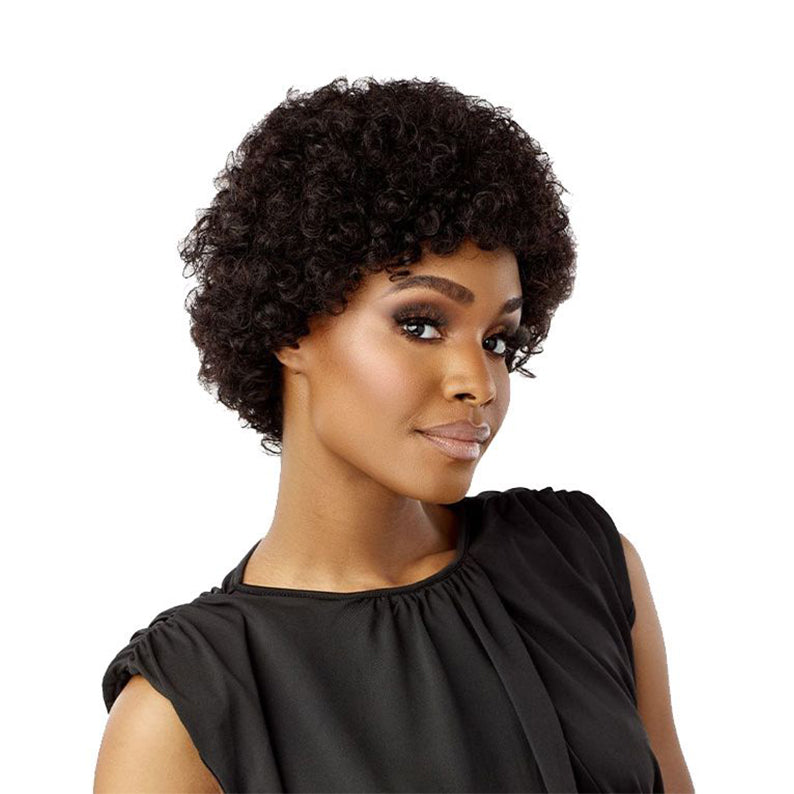 SENSATIONNEL salt and pepper human hair wig short curly afro style on model with natural shine
