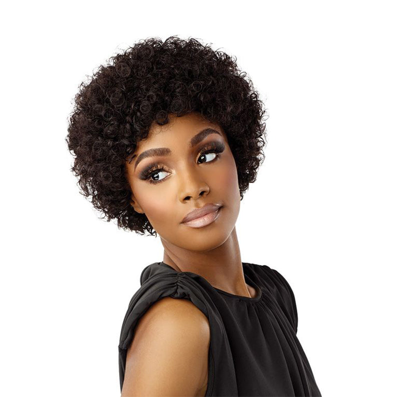 SENSATIONNEL salt and pepper human hair wig short tight curly afro style on model with natural makeup