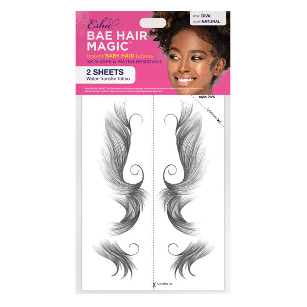 ESHA instant hair tattoo sticker pack with two water transfer sheets featuring natural feathered baby hair designs