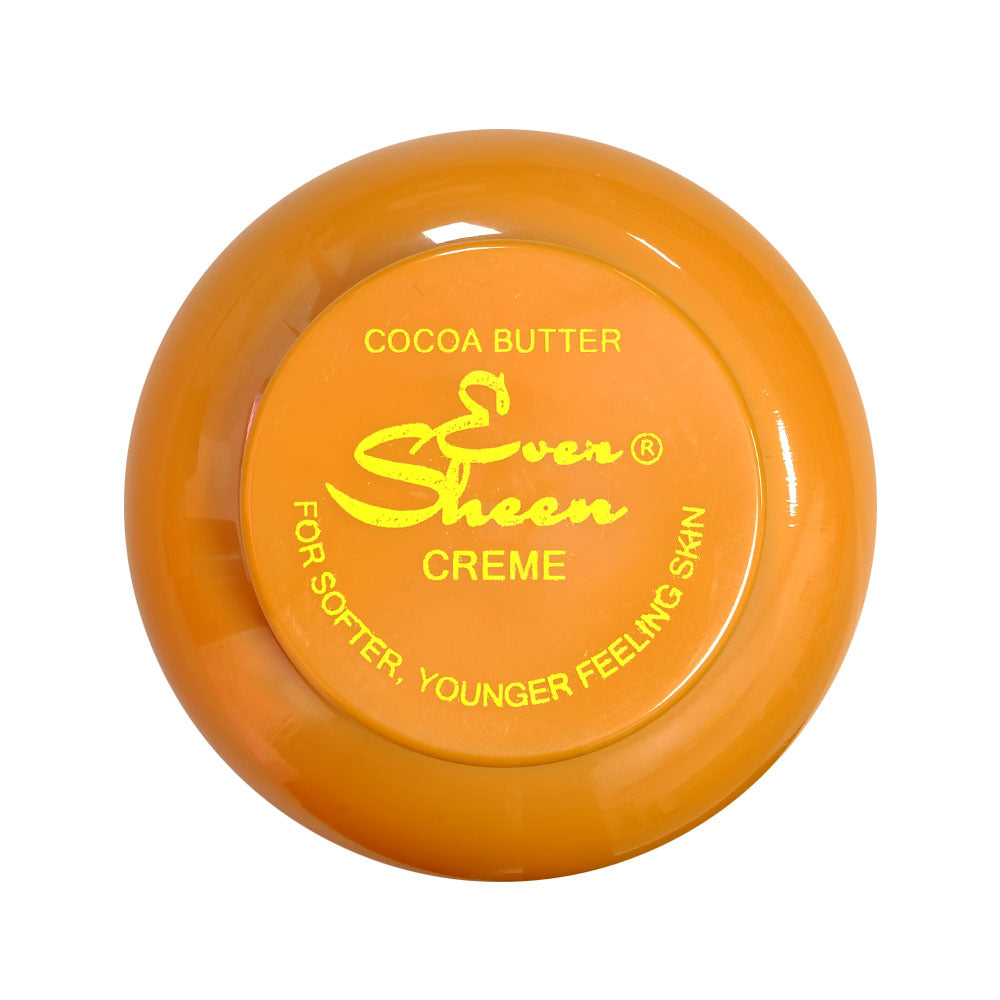 Top view of EVER SHEEN orange round jar lid labeled cocoa butter creme for skin for softer younger feeling skin
