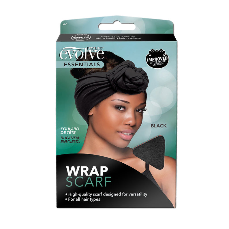 FIRSTLINE Evolve Essentials black wrap scarf for hair tied in a front knot on a model