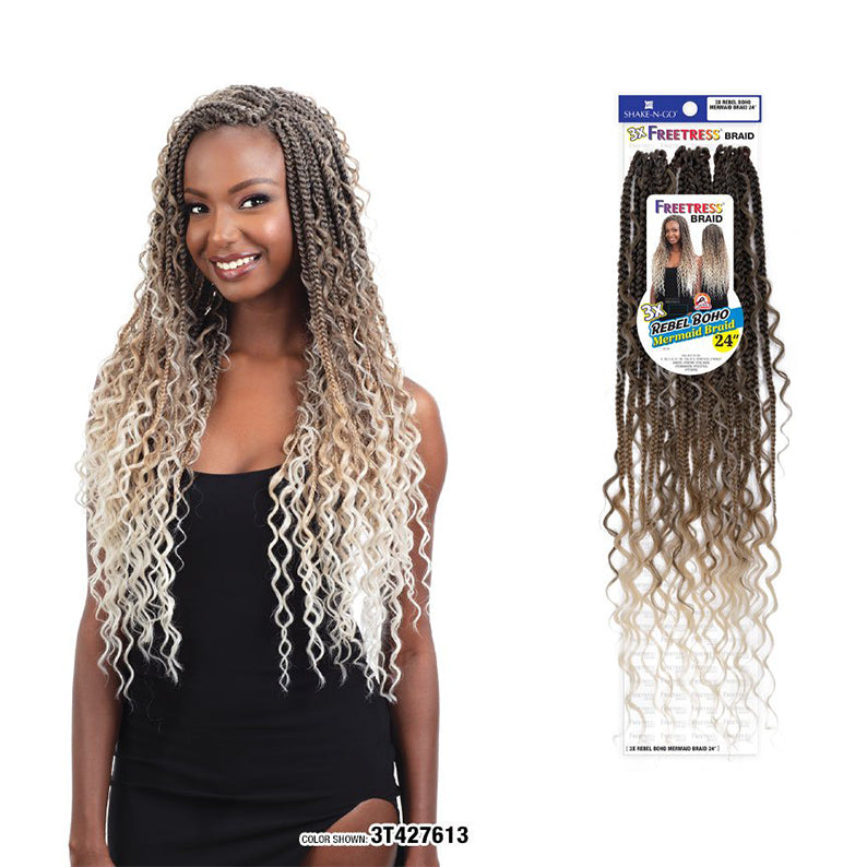 SHAKE N GO Freetress Boho Mermaid Braid 24 inch shown worn by a woman with long ombre curls