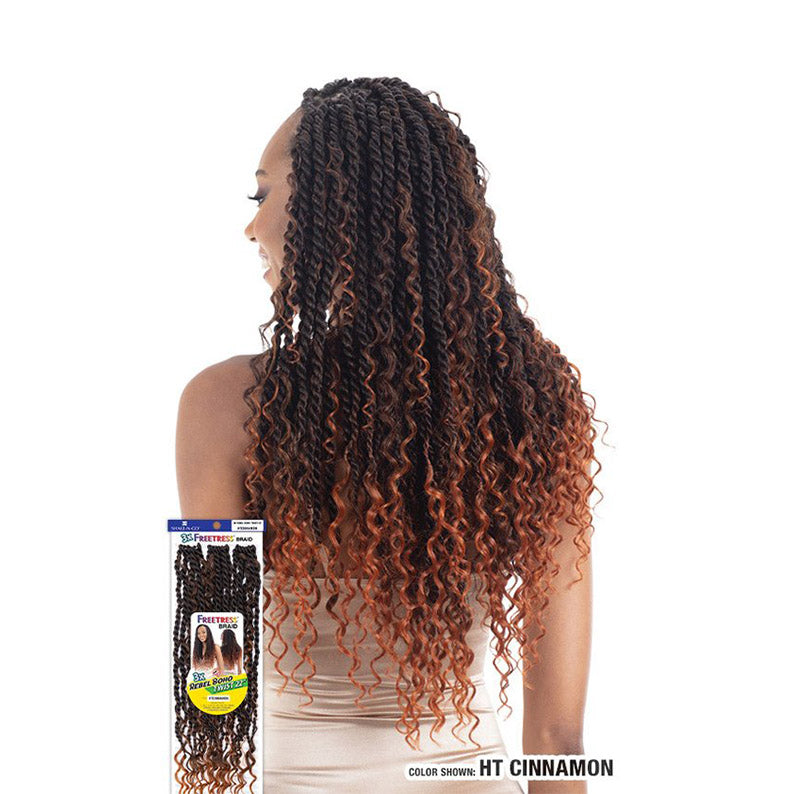 SHAKE N GO model wearing Freetress Boho Twist 22 inch long HT Cinnamon ombre braids with curly ends and product pack inset