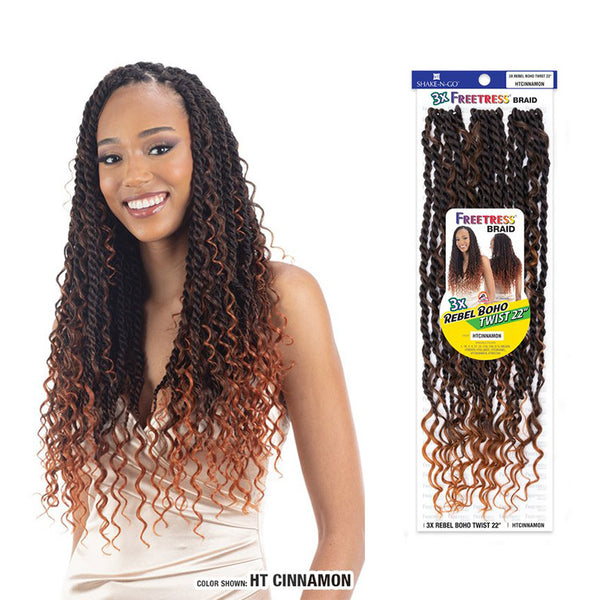 Shake N Go Freetress Boho Twist 22 inch long HT Cinnamon ombre braid with curly ends worn by smiling model
