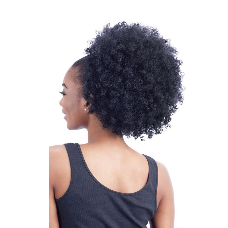 SHAKE N GO Freetress Equal drawstring ponytail in natural black curly afro on model back view