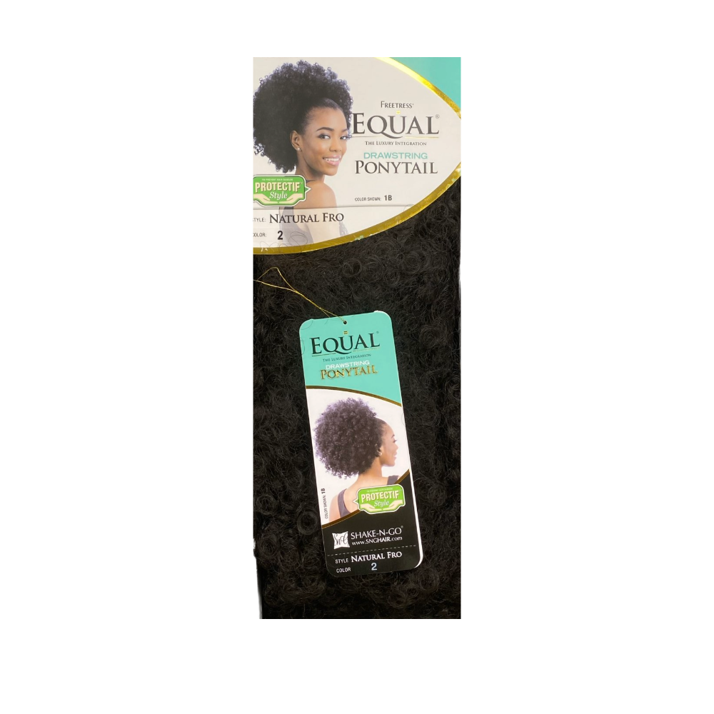 SHAKE N GO packaging showing Freetress Equal drawstring ponytail. Natural fro curly black hair extension.