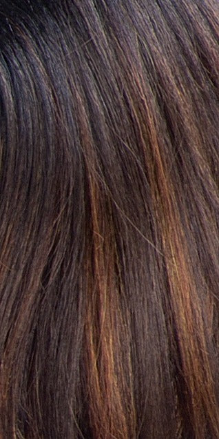 Freetress Equal Valentino lace wig SHAKE N GO dark brown with auburn highlights straight texture close up