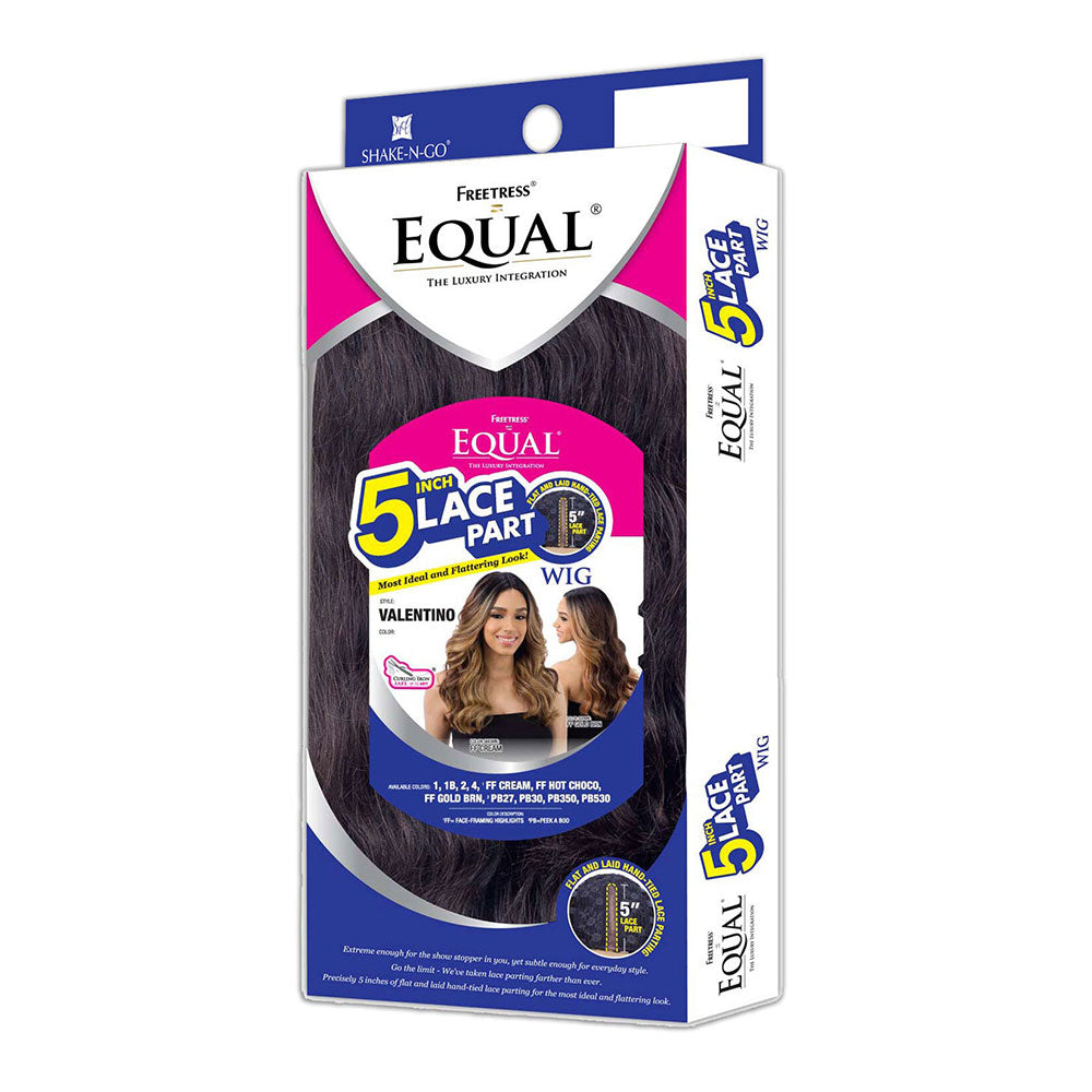 Freetress Equal Valentino lace wig in dark brown long wavy style boxed packaging showing model