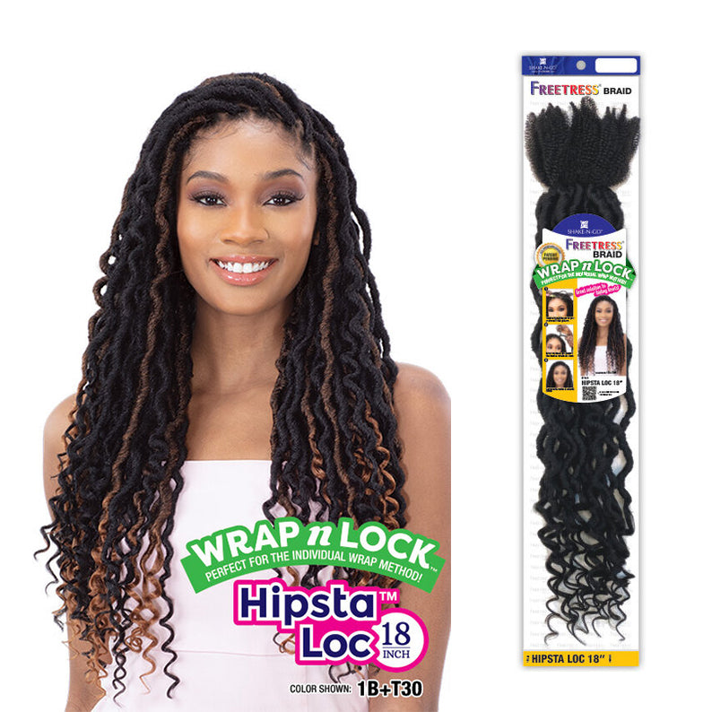 Model wearing Freetress Hipsta Loc 18 inch braids. SHAKE N GO long curly faux locs shown with packaging