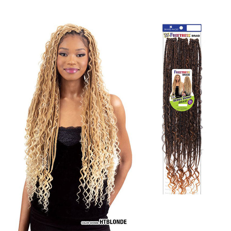 Freetress Rebel Boho Braid 26 inch long blonde boho braids with curly ends worn by model and packaged braid