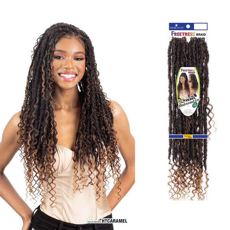 SHAKE N GO Freetress Rebel Distressed Locs 22 inch braid in HT Caramel with curly ends