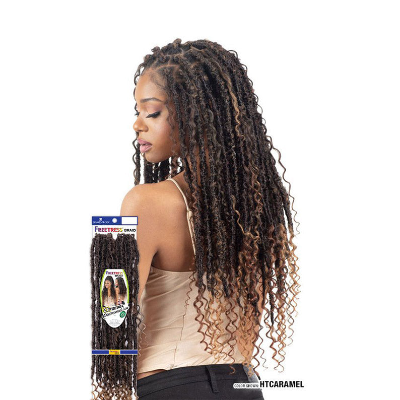 SHAKE N GO Freetress Rebel Distressed Locs 22 inch braid in caramel color worn by woman