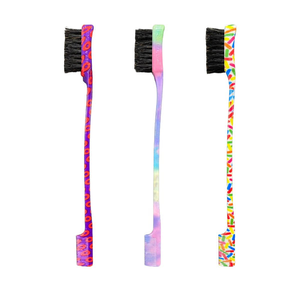 RED BEAUTY by KISS patterned edge brush for baby hairs set of three colorful handles with black bristle and comb ends