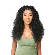 Model wearing black curly HD lace braided wig with braided front hairline and voluminous shoulder length curls