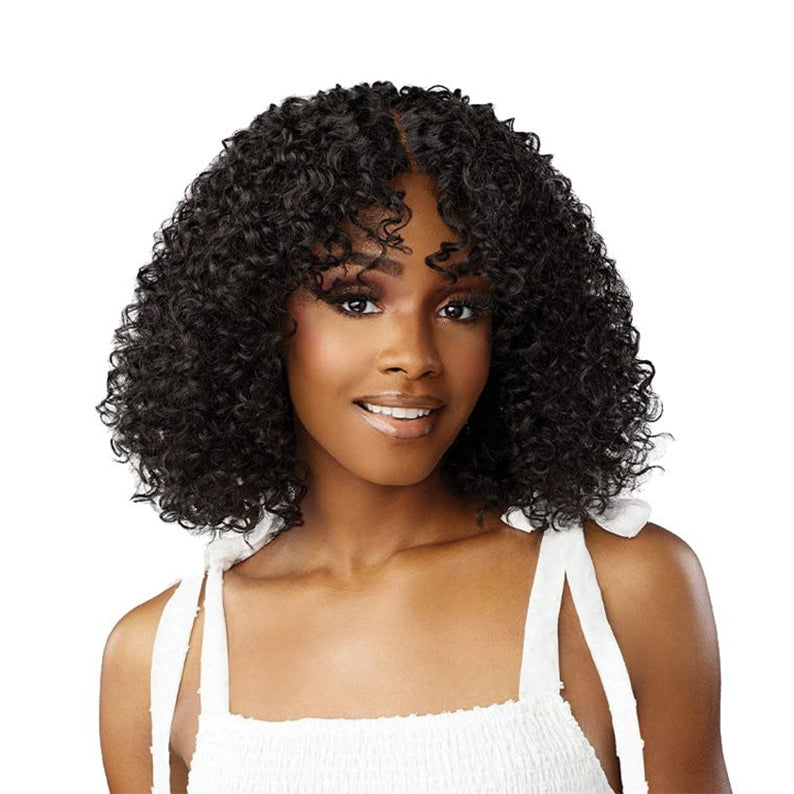 SENSATIONNEL curly shoulder length black wig on model with center part and natural hairline HD lace front wig pre-plucked