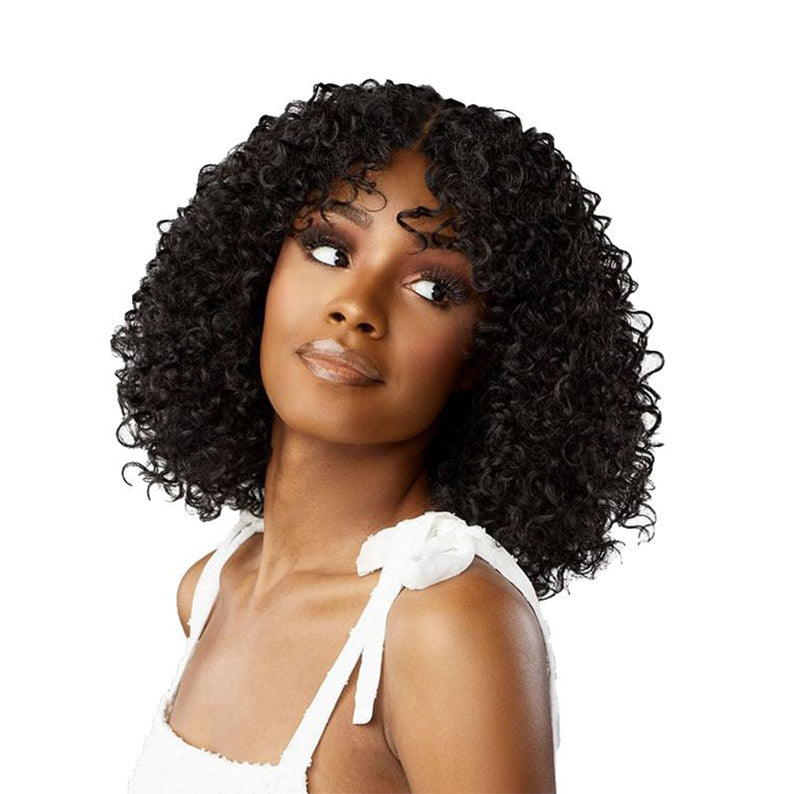 SENSATIONNEL curly black shoulder length bob HD lace front wig pre-plucked on model wearing white tie strap top