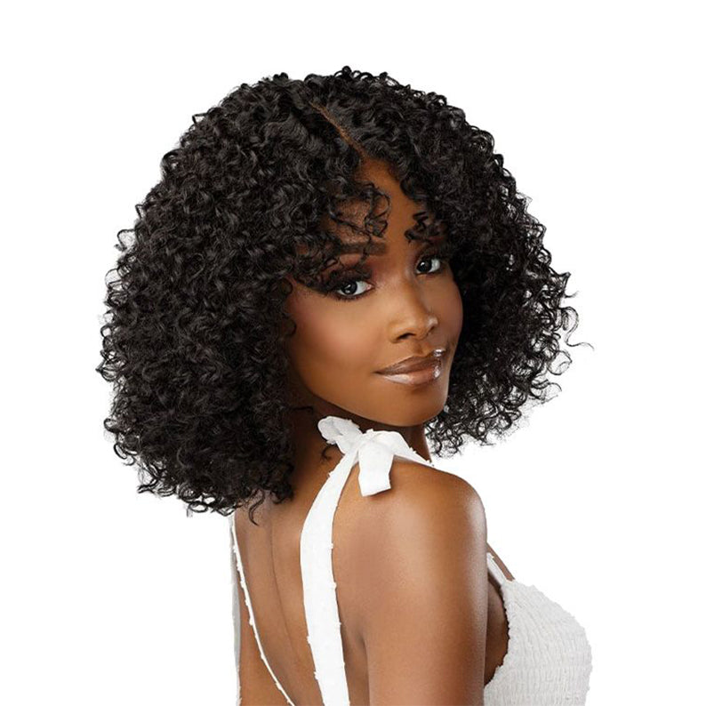 SENSATIONNEL curly shoulder length bob on model with natural hairline HD lace front wig pre-plucked in natural black