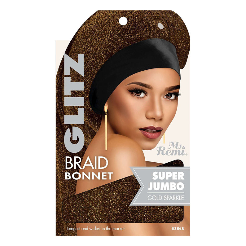 ANNIE jumbo braid bonnet in gold sparkle packaging with woman modeling black bonnet