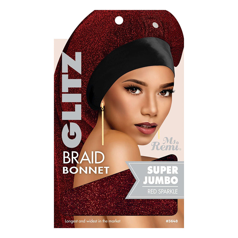 ANNIE jumbo braid bonnet in red sparkle packaging with a model wearing the black bonnet