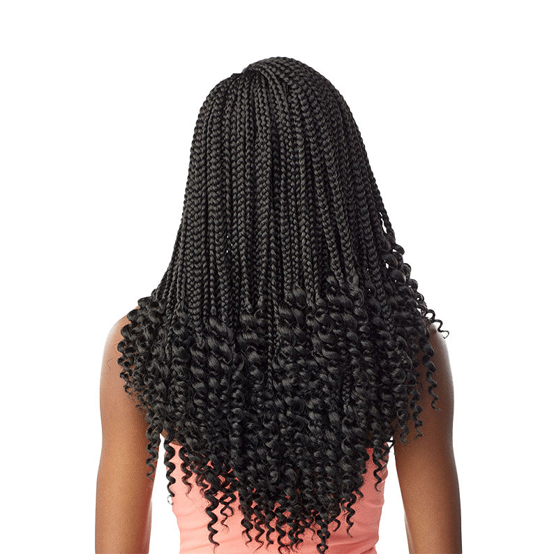 SENSATIONNEL goddess box braids 18 inch in black with curly ends on a woman from the back
