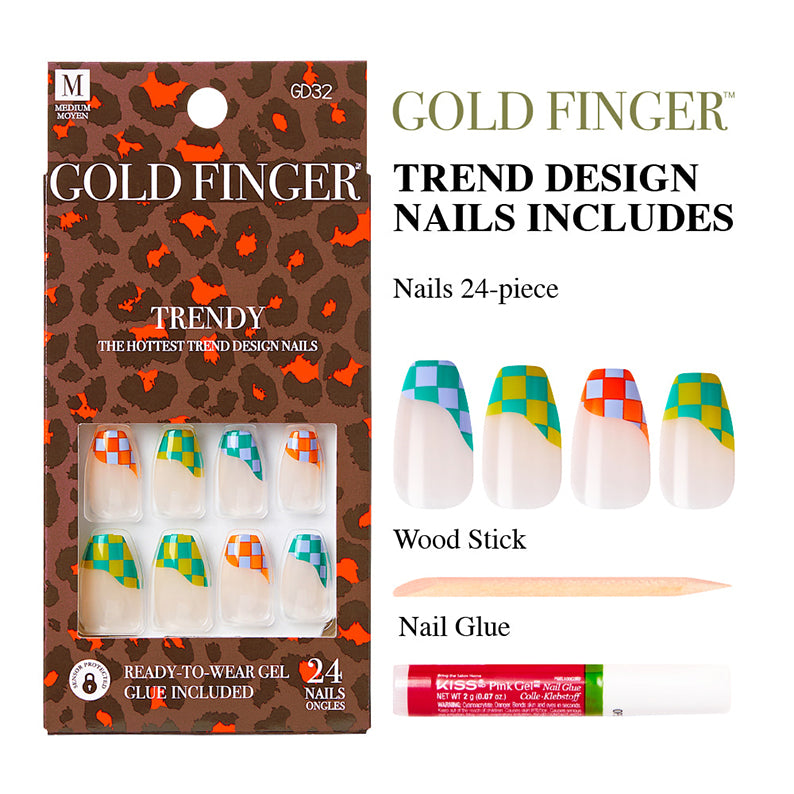 IVY BEAUTY by KISS blue geometric press on nails pack showing colorful checker French tip design 24 piece set